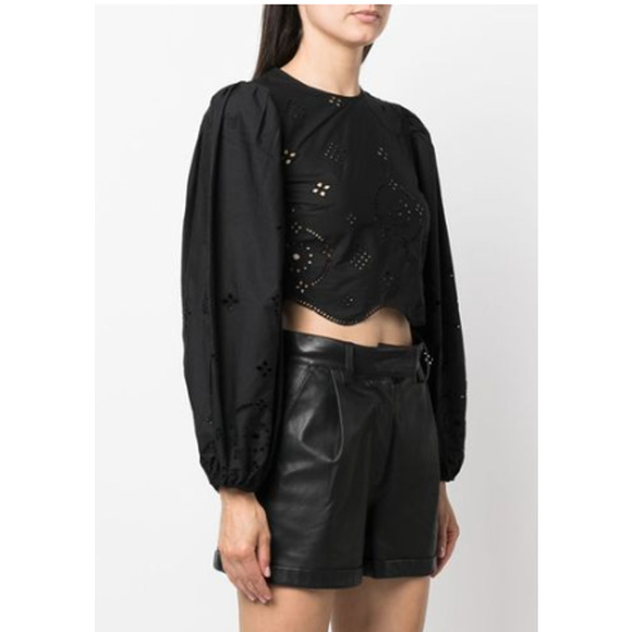 Ganni Broderie Anglaise Cropped Balloon Sleeve Top Black Summer Eyelet Lace - Picture 10 of 14